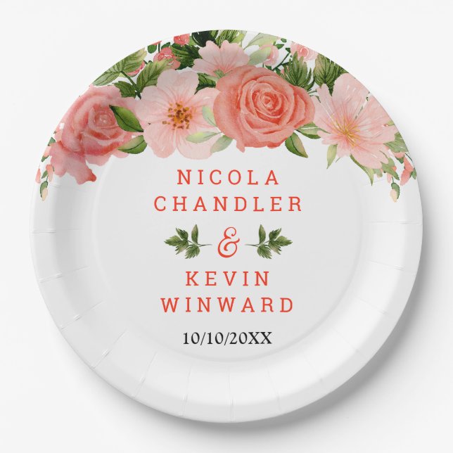 Coral Red Roses with Foliage Paper Plate (Front)