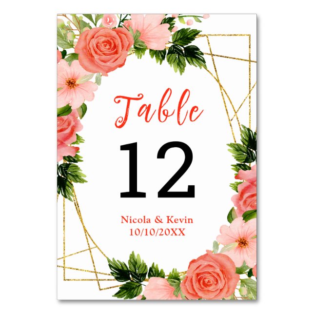 Coral Red Roses with Foliage Table Number (Front)