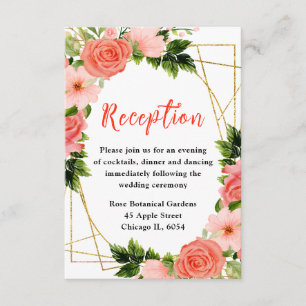Coral Red Roses with Foliage Wedding Reception Enclosure Card