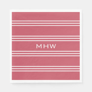 Coral Red Stripes custom monogram paper napkins