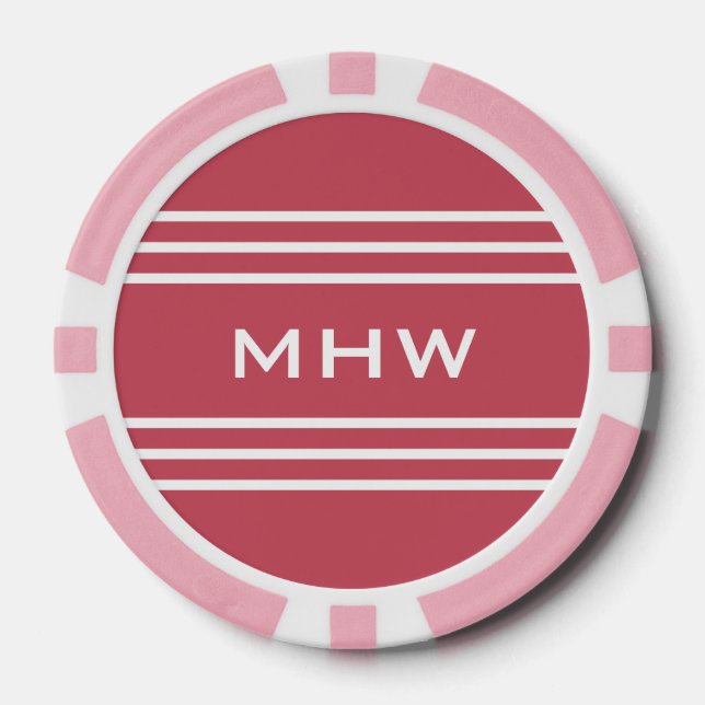 Coral Red Stripes custom monogram poker chips (Front)