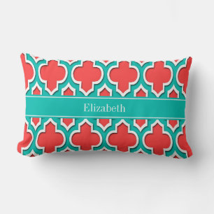 Coral Red, Teal Moroccan #4DS Teal Name Monogram Lumbar Cushion