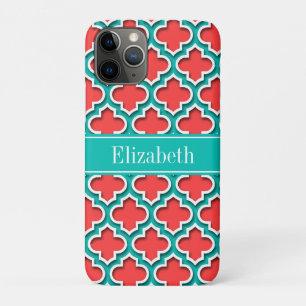 Coral Red, Teal Moroccan #5DS Teal Name Monogram Case-Mate iPhone Case