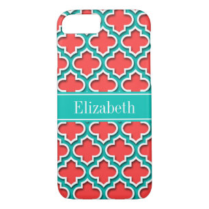 Coral Red, Teal Moroccan #5DS Teal Name Monogram Case-Mate iPhone Case