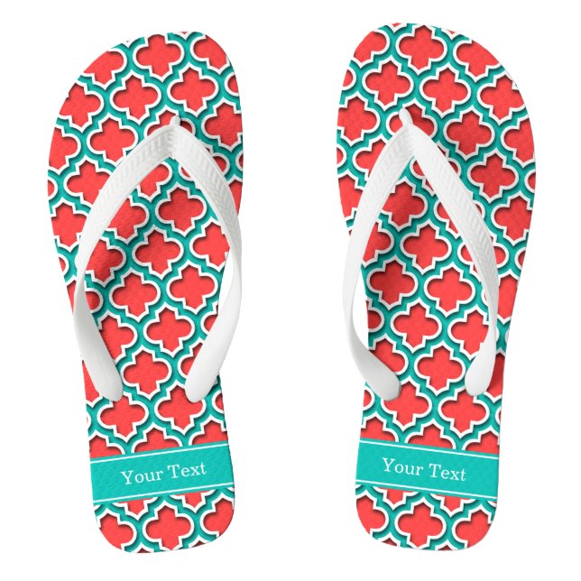 Coral Red, Teal Moroccan #5DS Teal Name Monogram Jandals (Footbed)