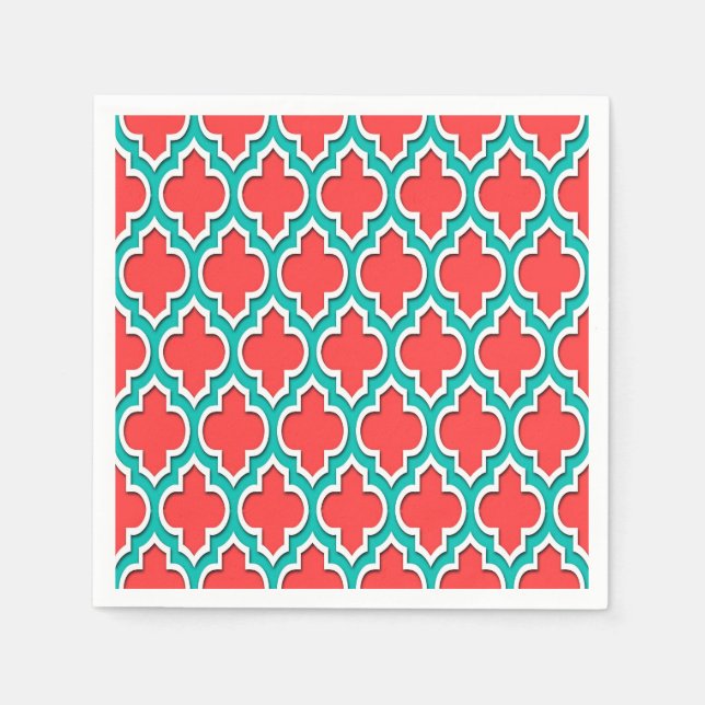 Coral Red Teal White Moroccan Quatrefoil #4DS Napkin (Front)