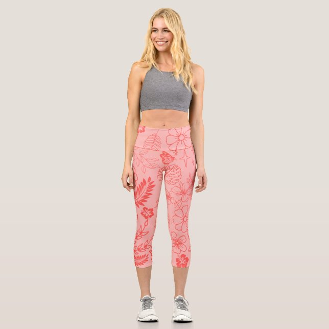 Coral Red Tropical Floral Pattern  Capri Leggings (Front)