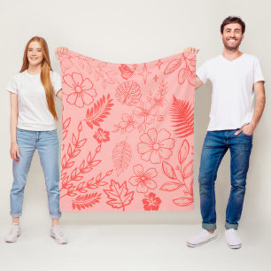 Coral Red Tropical Floral Pattern Fleece Blanket