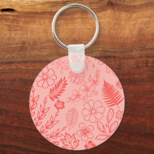Coral Red Tropical Floral Pattern Key Ring
