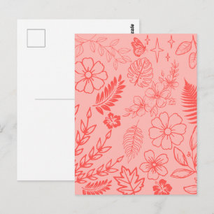 Coral Red Tropical Floral Pattern  Postcard