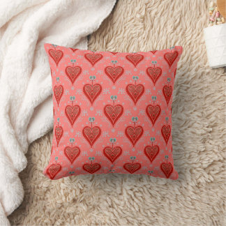 Coral red vintage Christmas heart ornaThrow Pillow