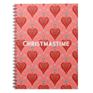 Coral red vintage Christmas heart ornaThrow Pillow Notebook