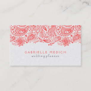 Coral-Red & White Floral Paisley Lace Business Card