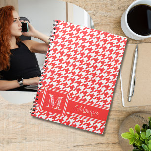 Coral Red White Houndstooth   Modern Monogram Notebook