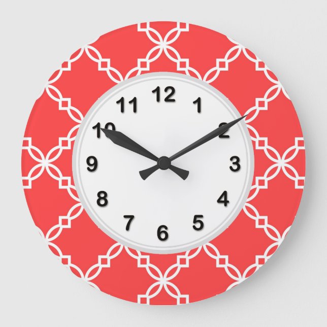 Coral Red White Large Fancy Quatrefoil Pattern Large Clock (Front)
