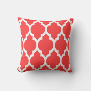 Coral Red White Moroccan Quatrefoil Pattern #4 Cushion