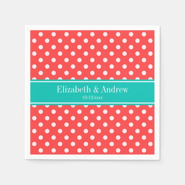 Coral Red, White Polka Dots Teal Name Monogram Napkin (Front)