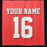 Coral Red White Sports Jersey Team Jersey Shower Curtain<br><div class="desc">Preppy Solid Colour Team Jersey / Sports Jersey / Football Jersey / Rugby Jersey with Custom Name Customise this with your own name or team name and a number. You can change the size, colour and placement of the text if you need to make changes, change the colour of or...</div>