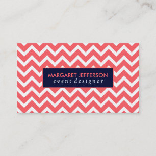 Coral-Red & White Zigzag Chevron, Blue Accents Business Card