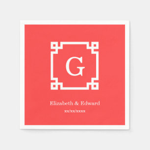 Coral Red Wht Greek Key Frame #2 Initial Monogram Napkin