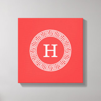 Coral Red Wht Greek Key Rnd Frame Initial Monogram Canvas Print