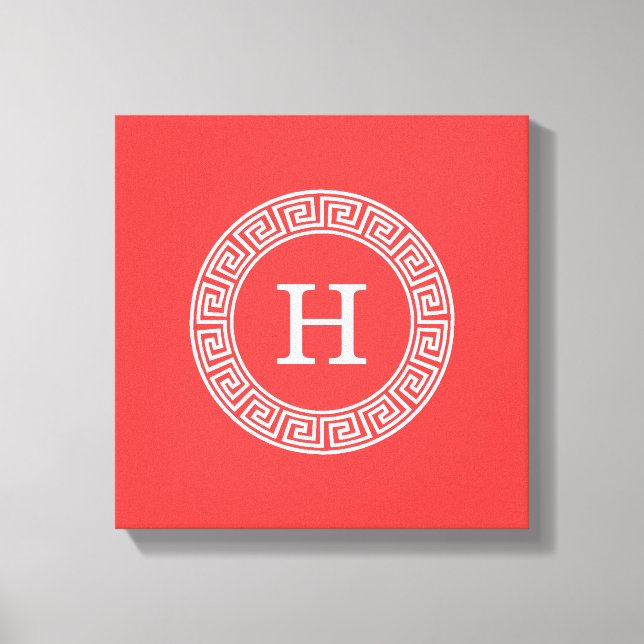 Coral Red Wht Greek Key Rnd Frame Initial Monogram Canvas Print (Front)