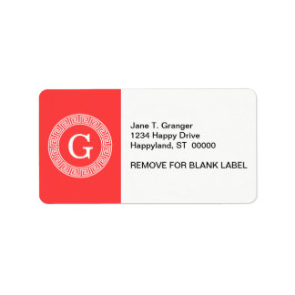 Coral Red Wht Greek Key Rnd Frame Initial Monogram Label