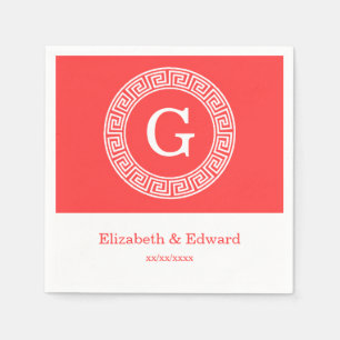 Coral Red Wht Greek Key Rnd Frame Initial Monogram Napkin