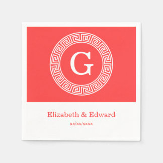 Coral Red Wht Greek Key Rnd Frame Initial Monogram Napkin