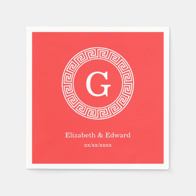 Coral Red Wht Greek Key Rnd Frame Initial Monogram Napkin (Front)