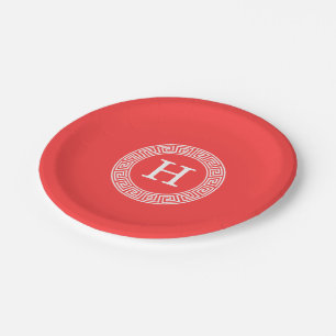 Coral Red Wht Greek Key Rnd Frame Initial Monogram Paper Plate