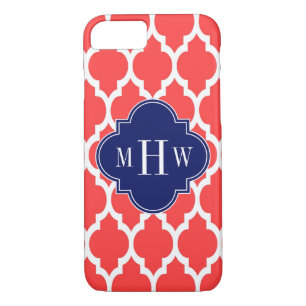 Coral Red Wht Moroccan #4 Navy Name Monogram Case-Mate iPhone Case