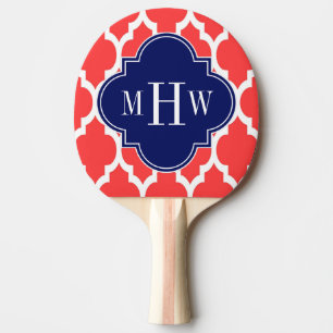 Coral Red Wht Moroccan #4 Navy Name Monogram Ping Pong Paddle