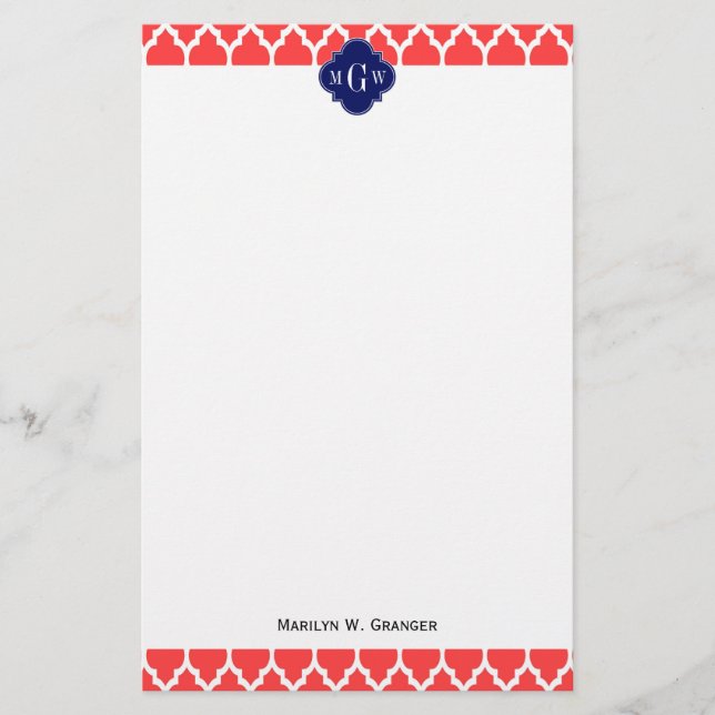 Coral Red Wht Moroccan #4 Navy Name Monogram Stationery (Front)