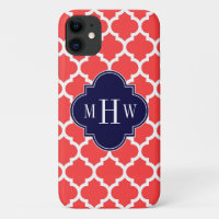 Coral Red Wht Moroccan #5 Navy 3 Initial Monogram