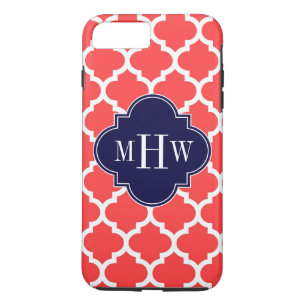 Coral Red Wht Moroccan #5 Navy 3 Initial Monogram Case-Mate iPhone Case