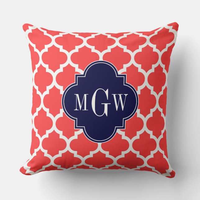Coral Red Wht Moroccan #5 Navy 3 Initial Monogram Cushion (Front)