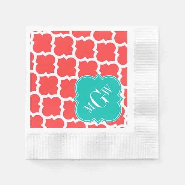 Coral Red Wht Moroccan #5 Teal 3 Initial Monogram Napkin (Front)
