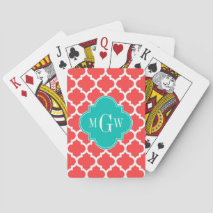 Coral Red Wht Moroccan #5 Teal 3 Initial Monogram Playing Cards