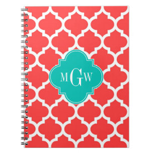 Coral Red Wht Moroccan #5 Teal 3 Initial Monogram Spiral Notebook
