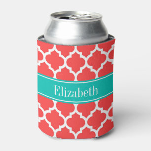 Coral Red Wht Moroccan #5 Teal Name Monogram Can Cooler