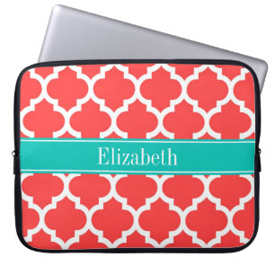 Coral Red Wht Moroccan #5 Teal Name Monogram Laptop Sleeve