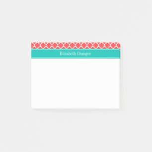 Coral Red Wht Moroccan #5 Teal Name Monogram Post-it Notes