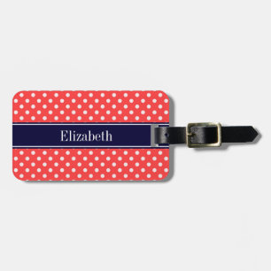 Coral Red, Wht Polka Dots Navy Blue Name Monogram Luggage Tag