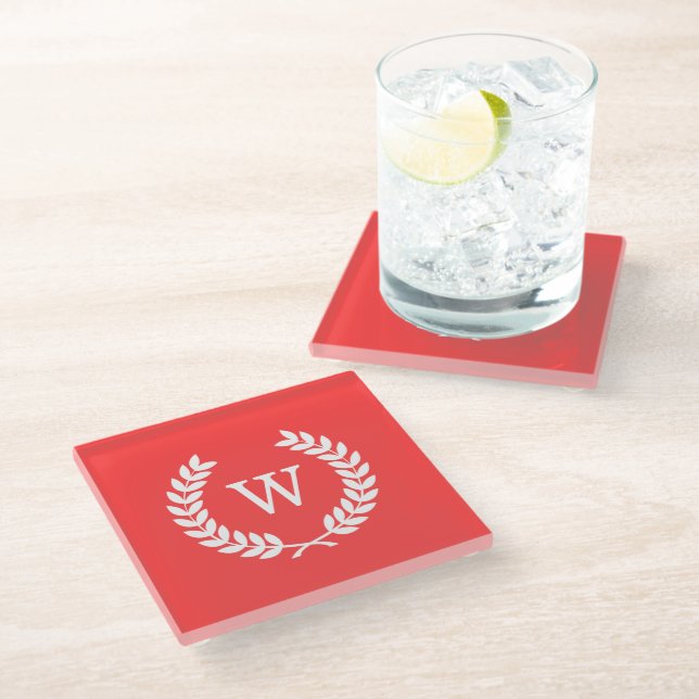 Coral Red Wht Wheat Laurel Wreath Initial Monogram Glass Coaster (Angled)