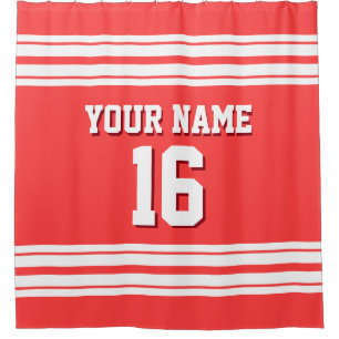 Coral Red with White Stripes Sports Jersey Shower Curtain