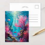 Coral Reef Abstract Ocean Modern Art Postcard<br><div class="desc">A modern abstract painting of an underwater ocean scene, featuring colourful fish swimming amidst vibrant coral in bright pastel hues of teal blue and pink. The abstract brushstrokes give the piece a flowing, dynamic feel, capturing the serene beauty and energy of the ocean. This playful and artistic interpretation brings the...</div>