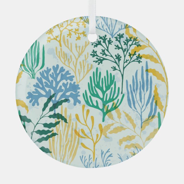 Coral Reef, Algae Seamless Pattern. Glass Tree Decoration (Front)