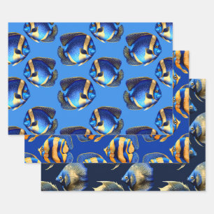 Coral reef angel fish blue orange pattern wrapping paper sheet