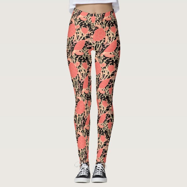 Coral Reef Cute Turtles and Fishes on Black Leggings (Front)